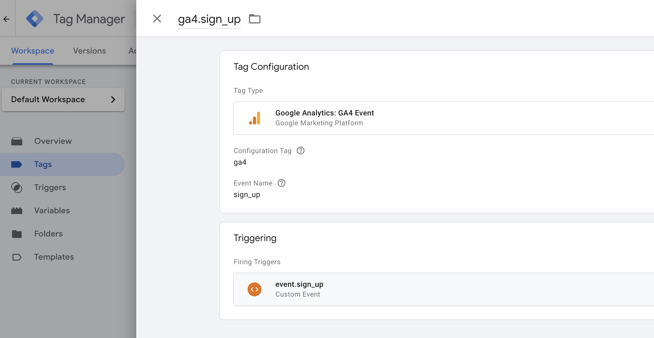 A screenshot of the finished GA4 event tag that tracks signups