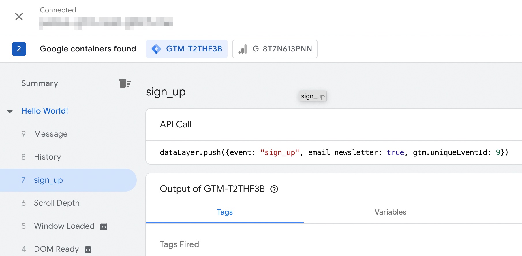 The sign_up event showing up in Google Tag Manager's Preview Mode window