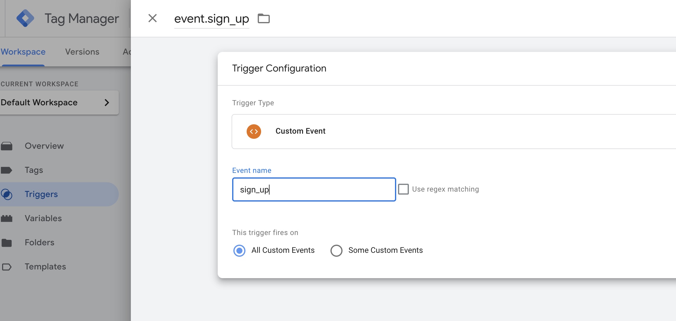 A screenshot of the final trigger configuration for a sign_up dataLayer event