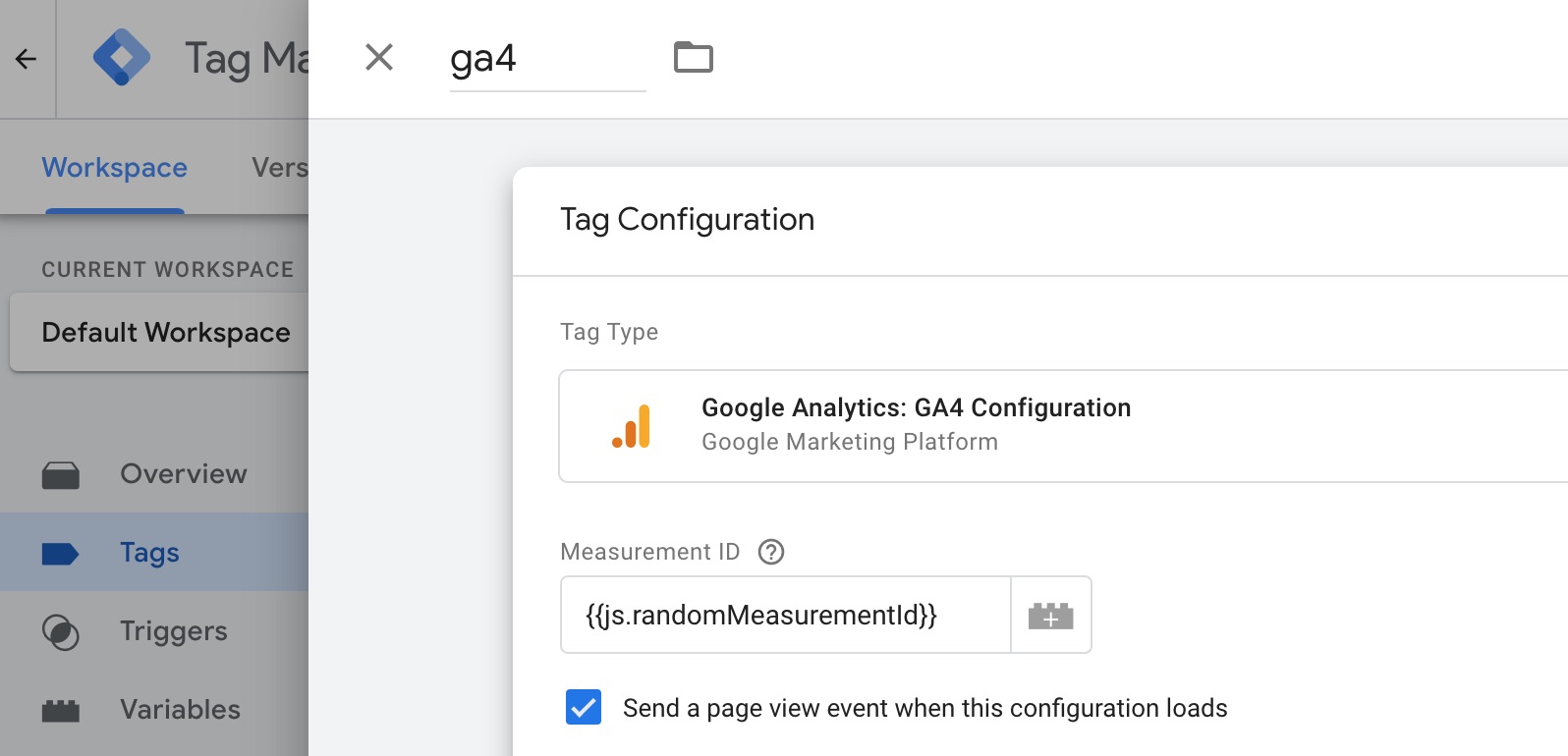 A GA4 tag in the GTM UI that references the js.randomMeasurementId
