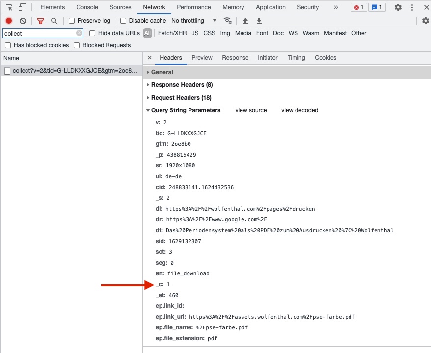 A screenshot of Google Chrome DevTools' network tab with the _c parameter highlighted in a Google Analytics request