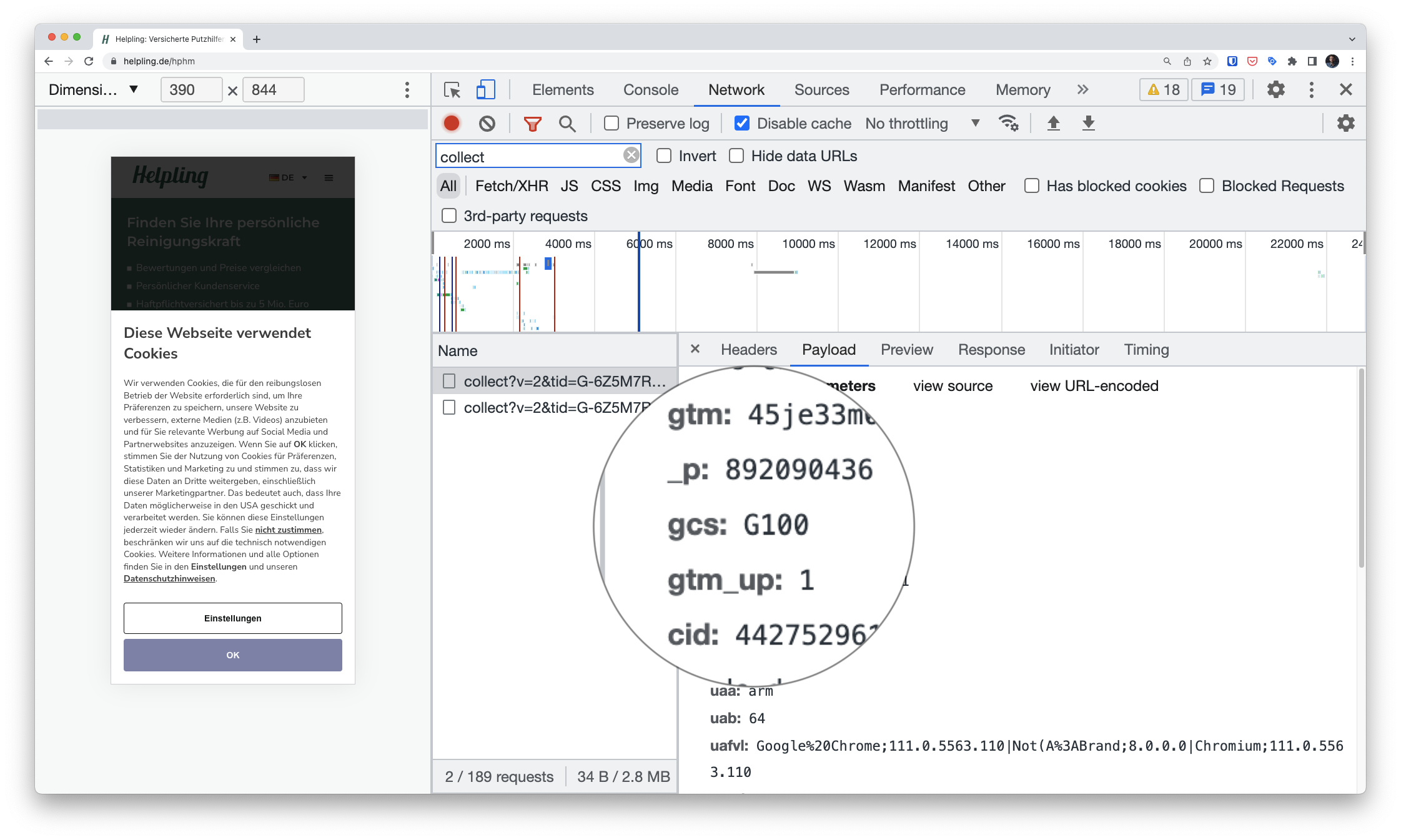 A screenshot of helpling.de overlayed with a slightly translucent overlay and a consent banner waiting for user consent. Google Chrome Developer tools are opened, showing the 'Network' tab, filtered for 'collect'. The outgoing GA4 request shows a gcs parameter of 'G100'.