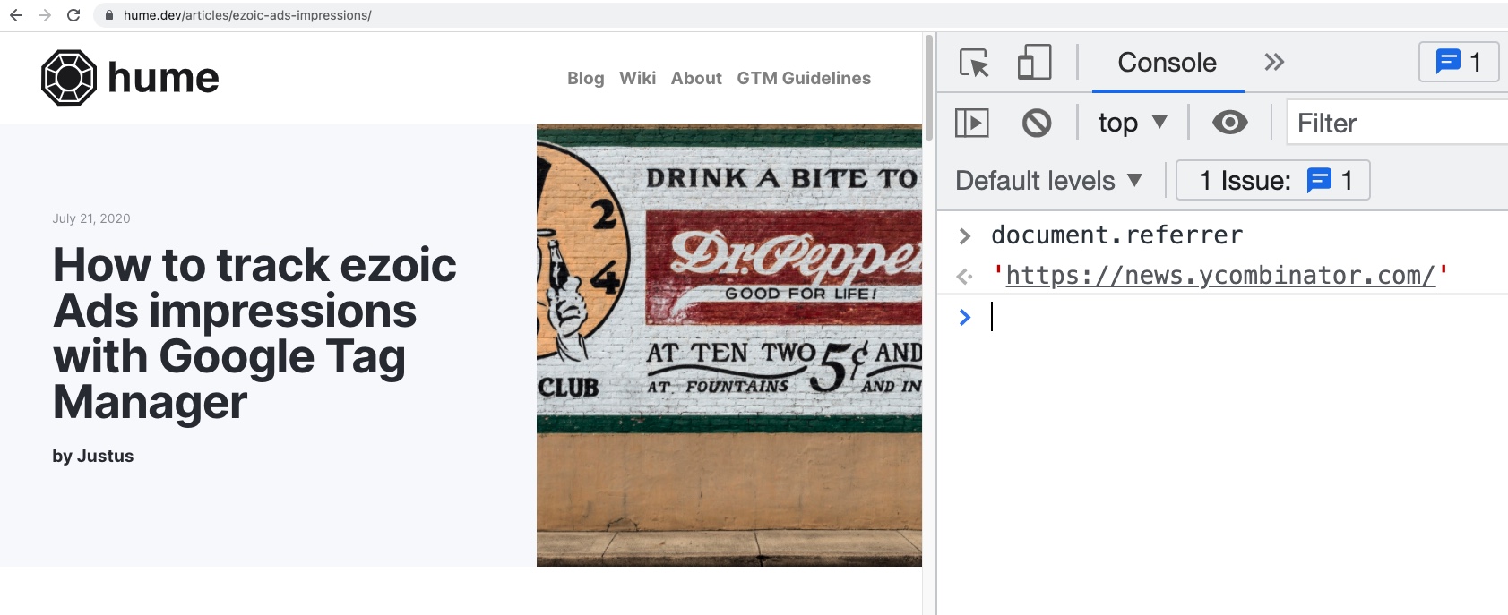 A screenshot of the Google Chrome JS Console with document.referrer typed into it, showing 'https://news.ycombinator.com' as the result