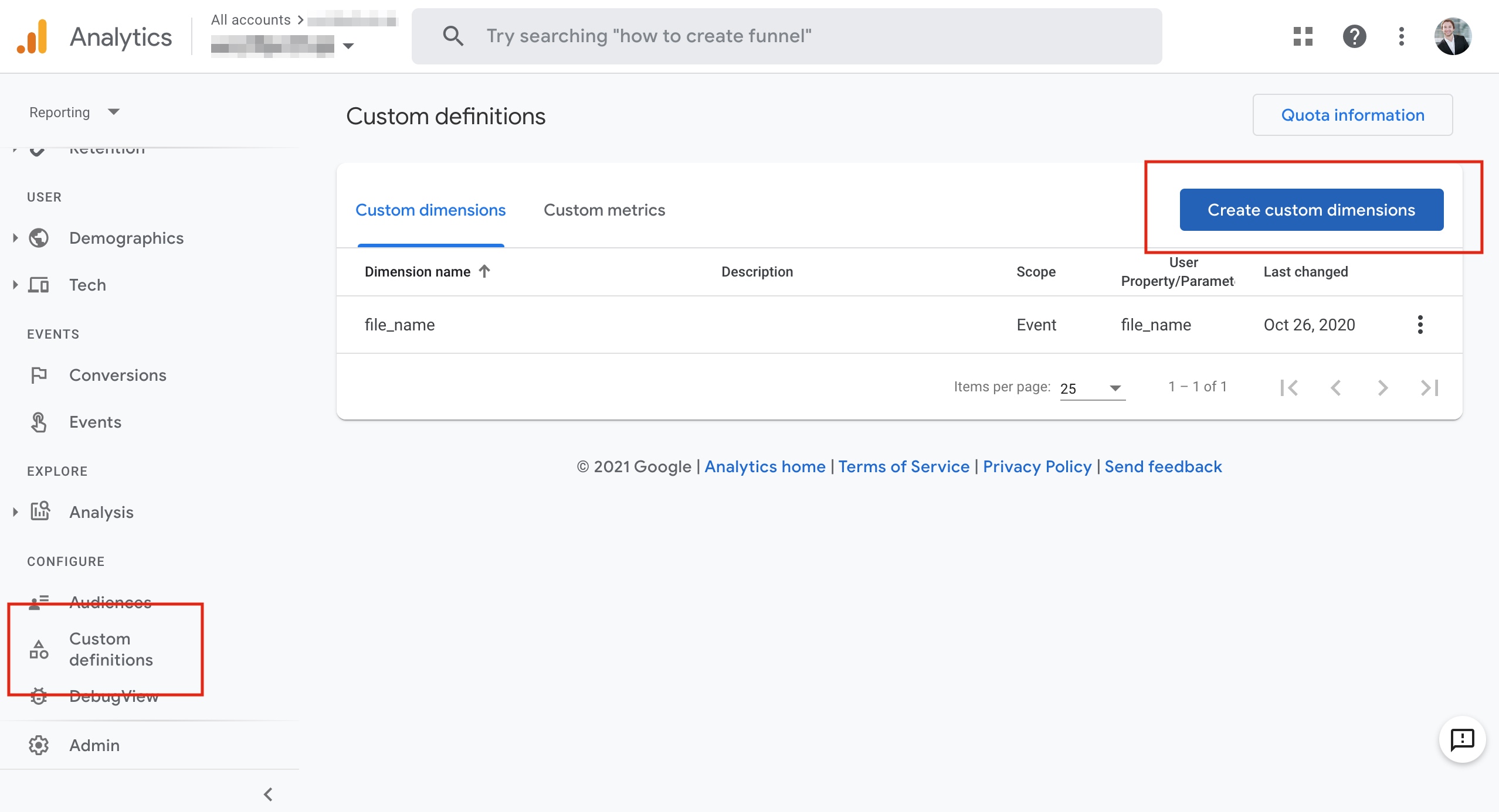 The Custom Definitions overview in Google Analytics 4