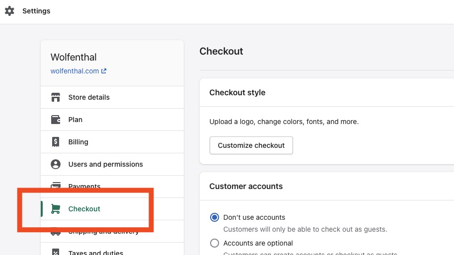 A screenshot of the link to the Checkout settings