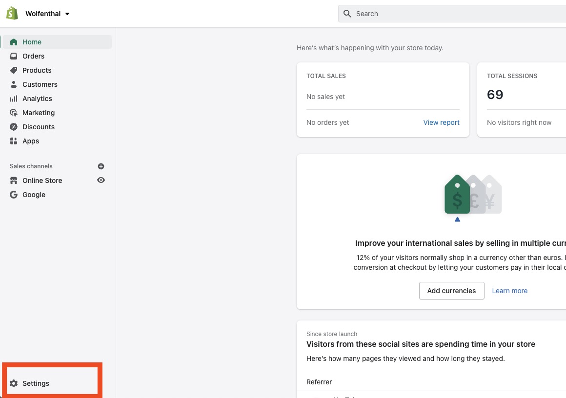 A screenshot of the link to Shopify's Settings
